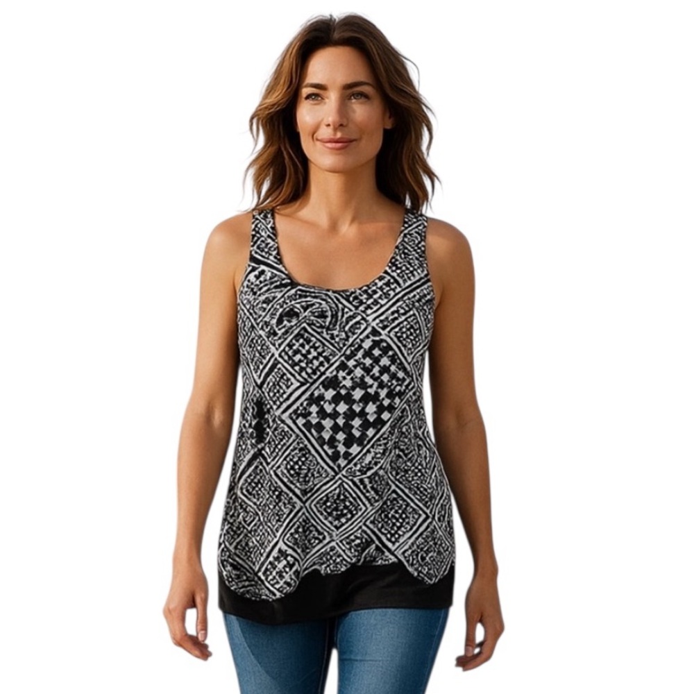 ICY Asymmetric blouse in black & White tribal print, sheer hem  Size XL